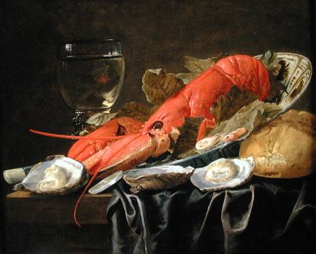 Still life with lobster, shrimp, roemer, oysters and bread van Christiaan Luykx or Luycks