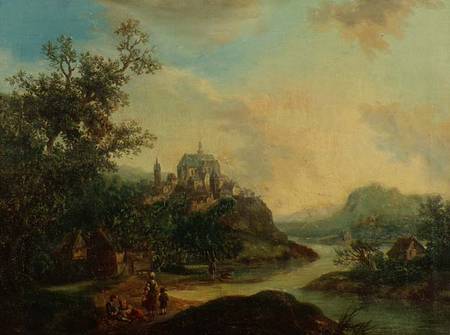 A Rhineland View with Figures in the foreground and a Fortified Town on a Hill Beyond van Christian Georg II Schutz or Schuz