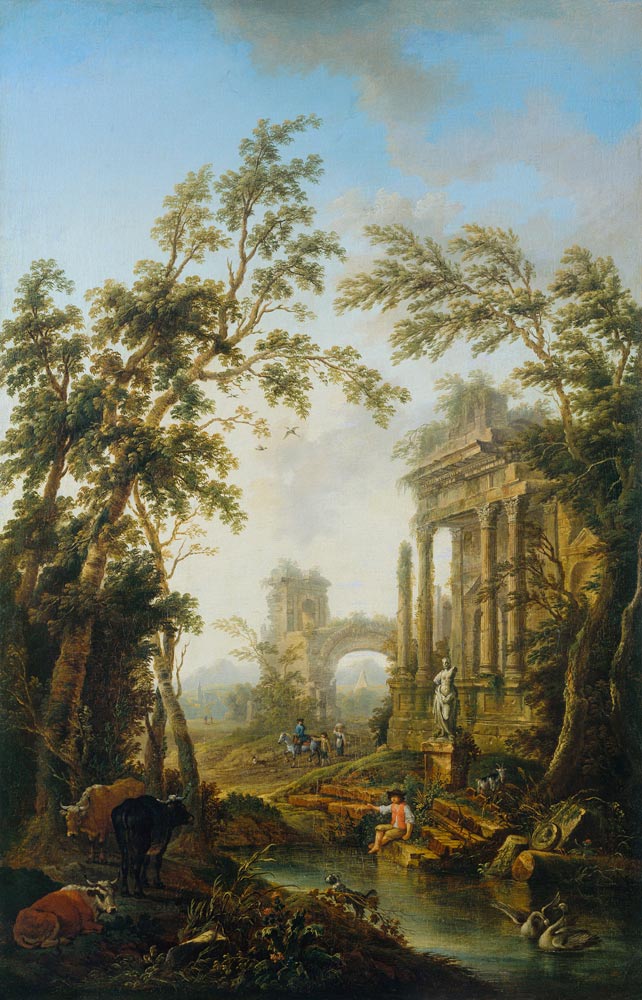 Ideallandschaft mit antiken Ruinen van Christian Georg Schütz d.Ä.