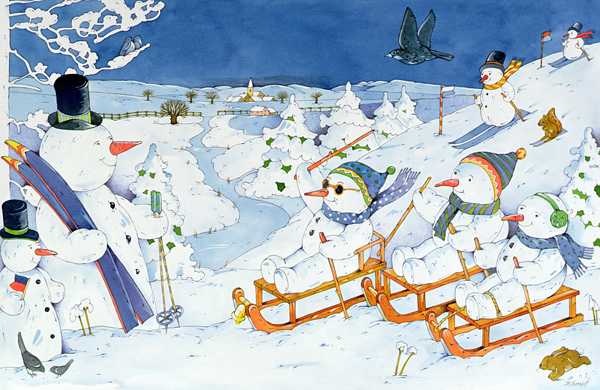 Snowmen Tobogganing, 1997 (w/c on paper)  van Christian  Kaempf