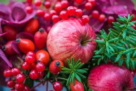 Autumn decoration with rose hips, apples and rowan berries