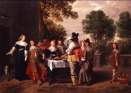 Elegant Company seated at a Table in a Formal Garden van Christoffel Jacobsz van der Lamen