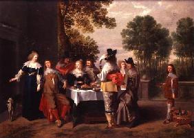 Elegant Company seated at a Table in a Formal Garden