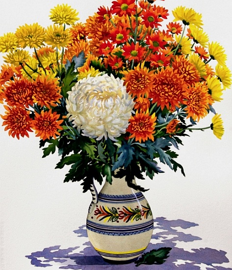 Chrysanthemums in a patterned jug van Christopher  Ryland