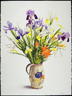 Irises and Lilies in a Dutch Jug (w/c) 