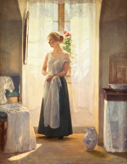 Interior with a Girl standing in front of a Mirror van Cilius Anderson