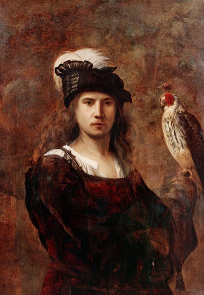 A falconer, standing half length, in a feathered hat van (circle of) Rembrandt Harmensz. van Rijn