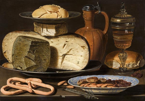 Still Life with Cheeses, Almonds and Pretzels van Clara Peeters