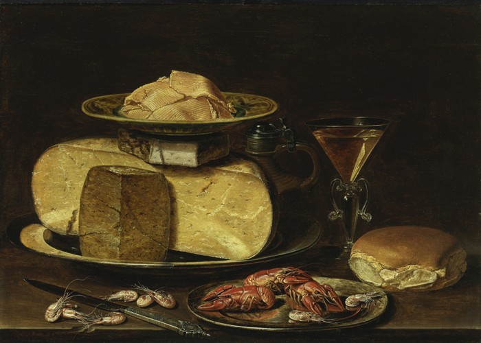 Still Life with Cheeses, Glas à la façon de Venise and crayfish on a pewter plate van Clara Peeters