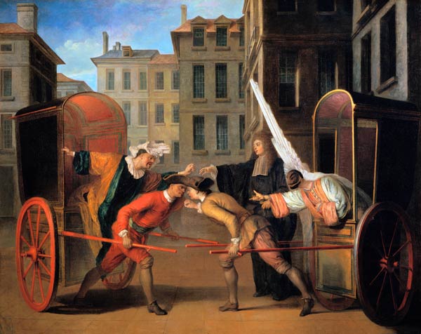 The Two Coaches, a scene added to the comedy 'The Fair at Saint-Germain' by Jean-Francois Regnard (1 van Claude Gillot