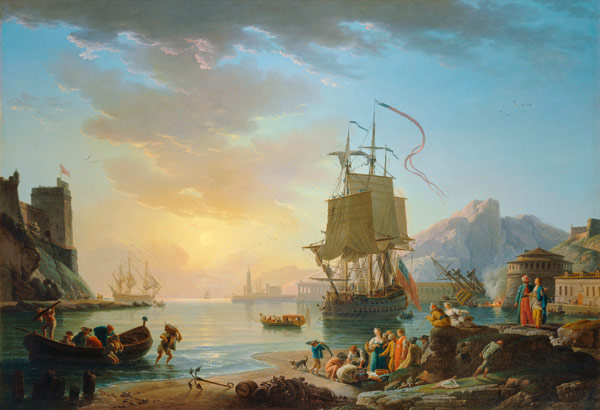 Marine, soleil couchant-Seaside painting with setting sun van Claude Joseph Vernet
