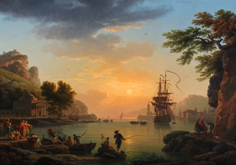 A Landscape at Sunset with Fishermen returning with their Catch van Claude Joseph Vernet