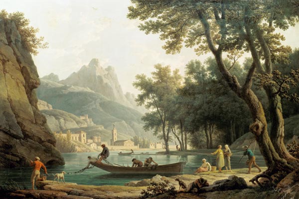 Visser aan de oever van het meer voor een klooster van Claude Joseph Vernet
