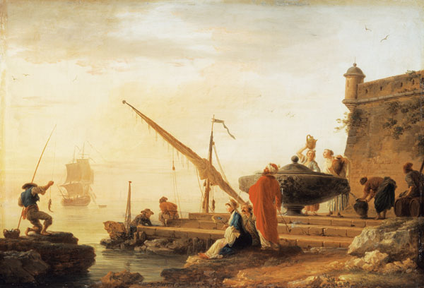 Orientalischer Seehafen bei Sonnenaufgang van Claude Joseph Vernet
