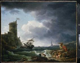 Schiffbruch im Sturm vor einer Festung