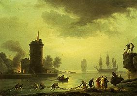 Seehafen in Abendstimmung mit Leuchtturm van Claude Joseph Vernet