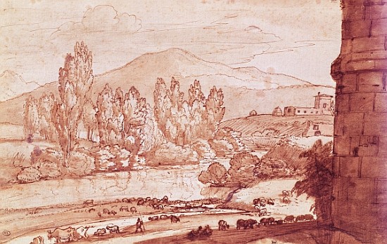 Landscape with a river, a herd of cattle and a herdsman (pen, w/c & bistre wash) van Claude Lorrain