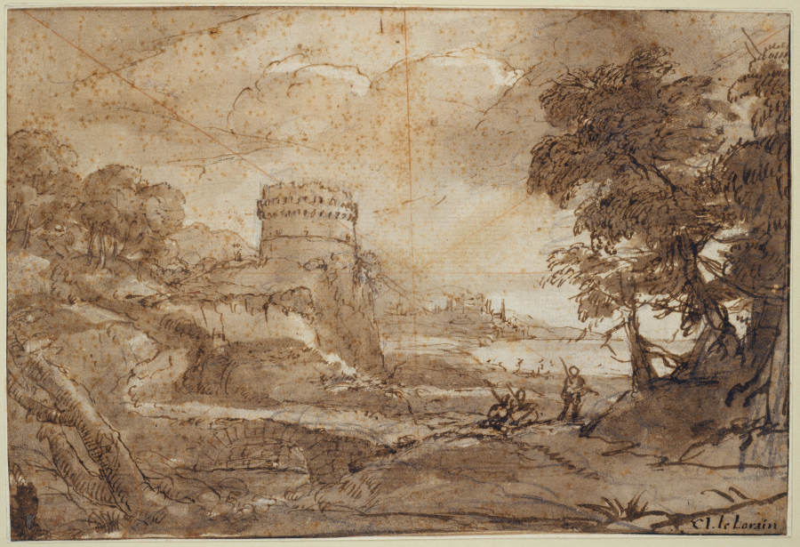 Landscape with a Round Tower and Bay van Claude Lorrain