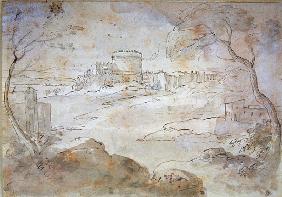 Landscape with a fortified town (ink & wash on paper)