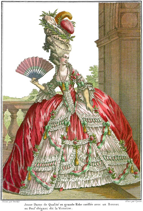French court dress with wide panniers van Claude Louis Desrais