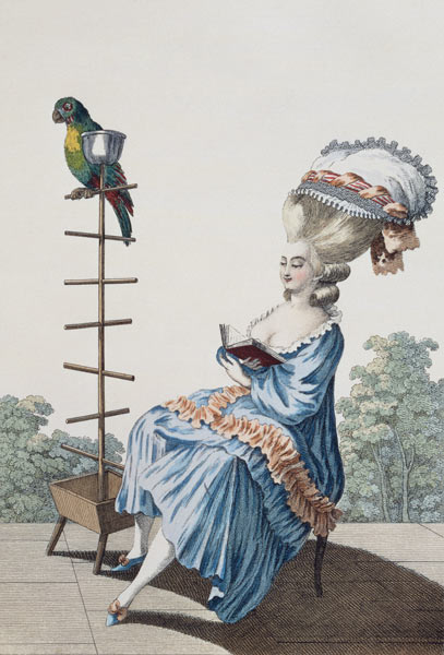Young woman reading in a day dress with an elaborate hairstyle and bonnet, plate 20 from 'Galerie de van Claude Louis Desrais