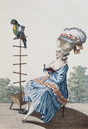 Young woman reading in a day dress with an elaborate hairstyle and bonnet, plate 20 from 'Galerie de