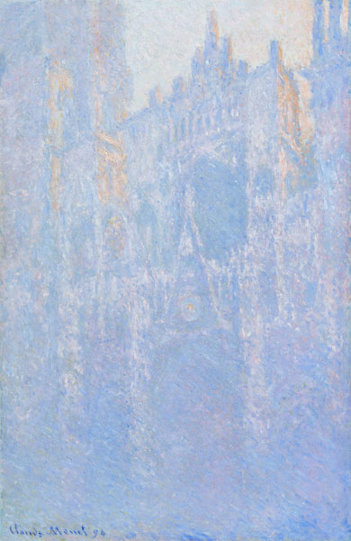 Die Kathedrale von Rouen im Morgennebel (Le portal, brouillard matinal) van Claude Monet