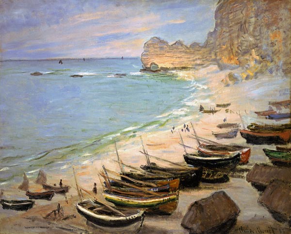 Boten op het strand van Etretat Claude Monet van Claude Monet
