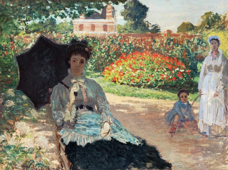 Camille Monet mit Sohn und Kindermädchen im Garten van Claude Monet
