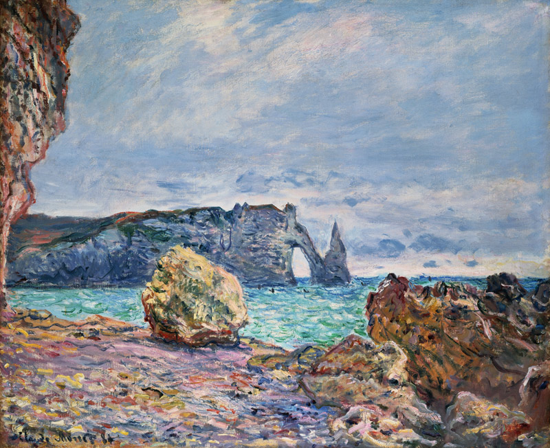 Etretat, het strand en Falaise d'Ava van Claude Monet