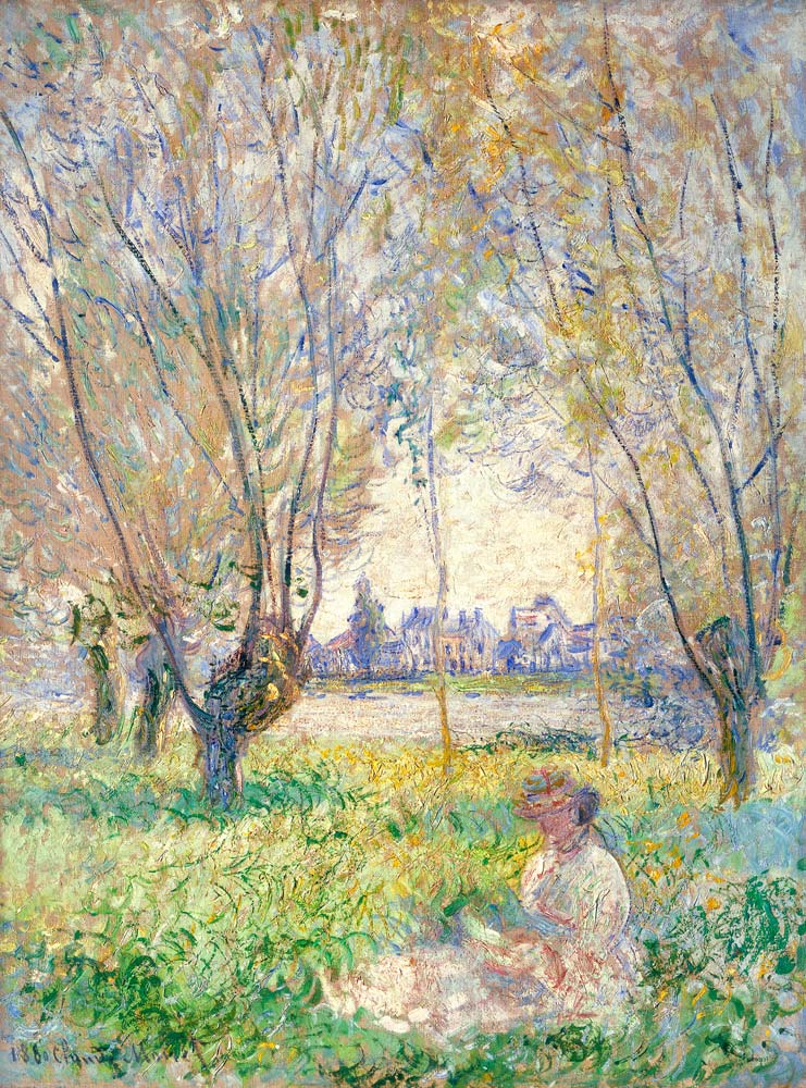 Sitzende Frau unter Weiden van Claude Monet