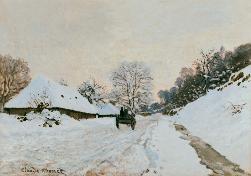 Wagen auf verschneiter Strasse in Honfleur van Claude Monet