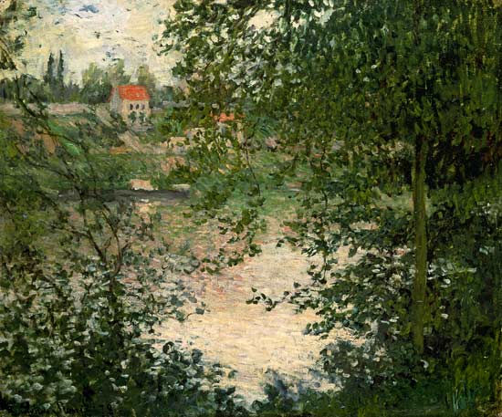 Blick durch Bäume auf der Ile de la Grande Jatte van Claude Monet