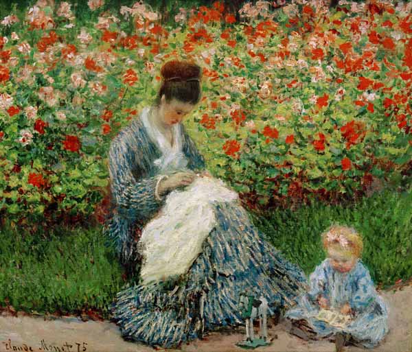 Camille Monet en een kind in de tuin van Claude Monet
