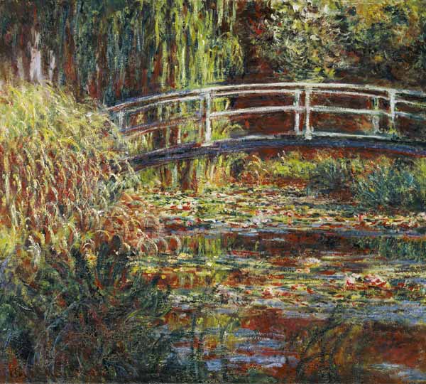 Waterlelievijver en Japanse brug in roze harmonie van Claude Monet