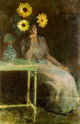 Sitzende Frau neben einer Vase mit Sonnenblumen van Claude Monet