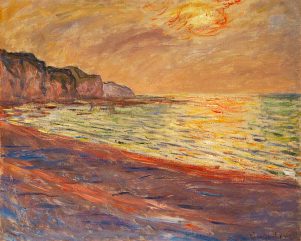 Strand in Pourville, Sonnenuntergang van Claude Monet