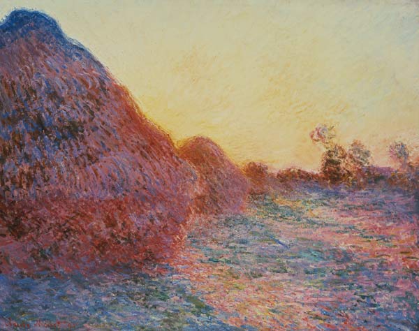 Strooischuren in het zonlicht  van Claude Monet