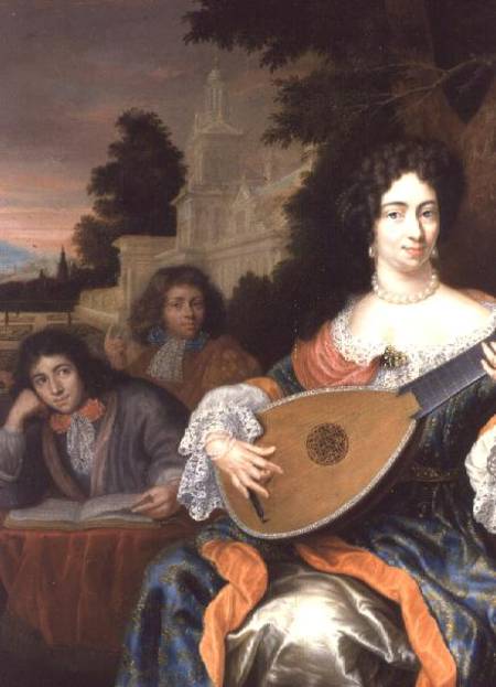A Woman playing a Lute, with her two sons behind her van Constantin Netscher