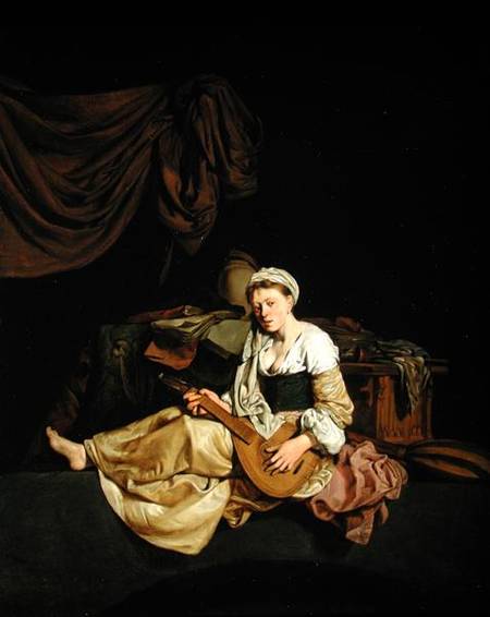 Young Woman Playing a Mandolin van Cornelis Bega
