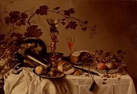 Stillleben mit Früchten in einer Delfter Schale, Pastete und Zinngeschirr van Cornelis Cruys