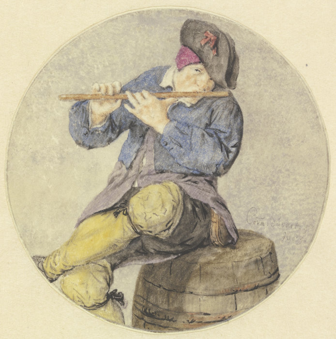 Flötenspieler auf einem Fass sitzend van Cornelis Dusart