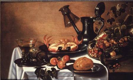 Still life of fruit with crab, overturned roehmer on spout of jug van Cornelis Kruys