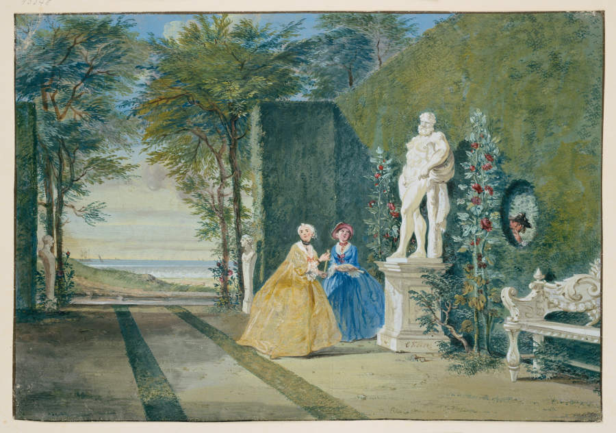 Parkansicht mit zwei jungen Damen neben einer Herkulesstatue van Cornelis Troost