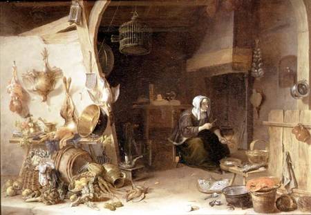 A Kitchen Interior with a Servant Girl Surrounded by Utensils, Vegetables and a Lobster on a Plate van Cornelis van Lelienbergh