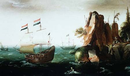 A Dutch Merchant Ship off a Rocky Coast van Cornelis Verbeeck
