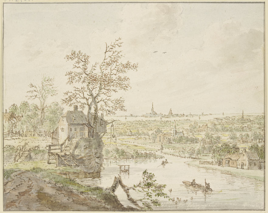 Flußgegend, in der Ferne das Meer mit einer Stadt van Cornelis Verdonck