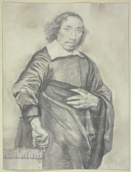 Stehender Mann auf einen Stuhl gestützt van Cornelis Visscher