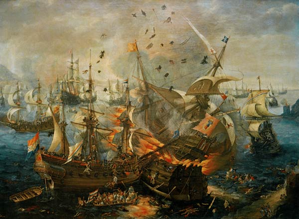 Die Explosion des Spanischen Admiralschiffes während der Seeschlacht von Gibraltar am 25. April 1607 van Cornelis Claez Wieringen van