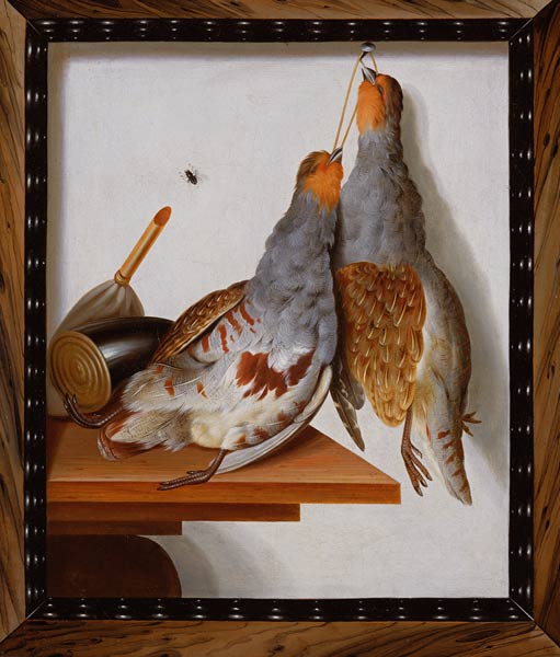 Trompe l'Oeil of Two Partridges Hanging from a Nail van Cornelius Biltius